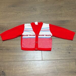 Vintage 1980s Tiny Tots Knitting Mills Inc Train Red and White Kids Cardigan